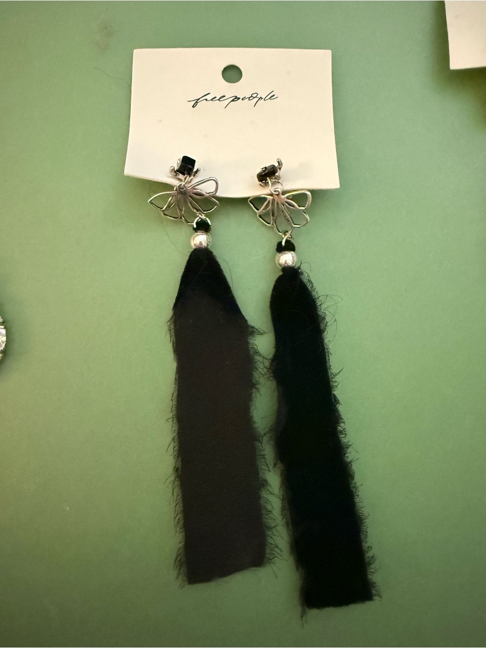 Free People Black ribbon Lulu Dangle Post Earrings Silver Butterfly